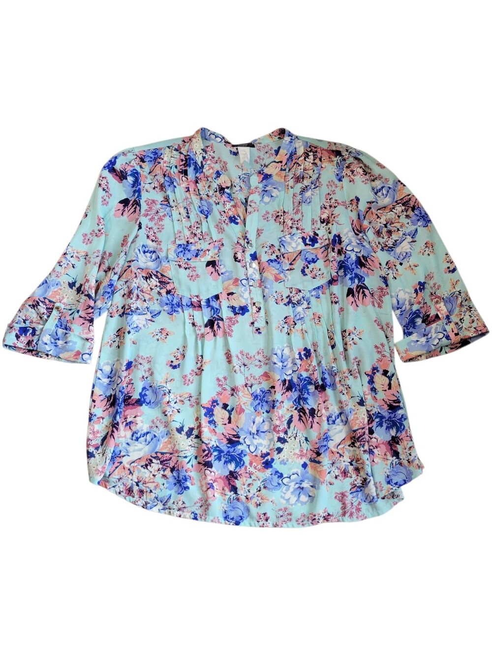 Aqua Blue Floral Pintuck Roll Tab Sleeve Blouse Plus Size 3x Cocomo Woman
